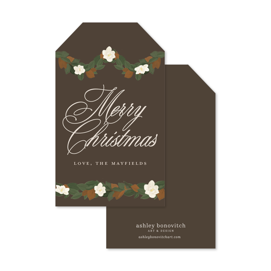 Magnolia Garland Christmas Gift Tags in Chocolate