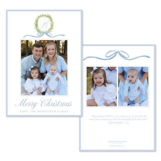 Wreath Initial Christmas Card in Blue