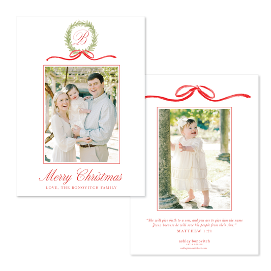 Wreath Initial Christmas Card in Red