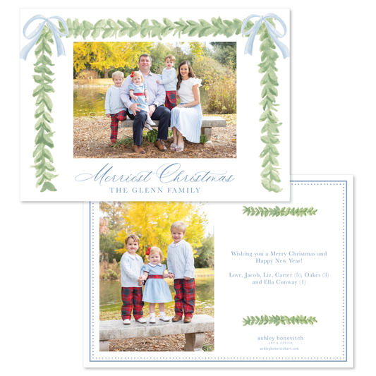 Greenery Bows Christmas Card in Blue - Landscape