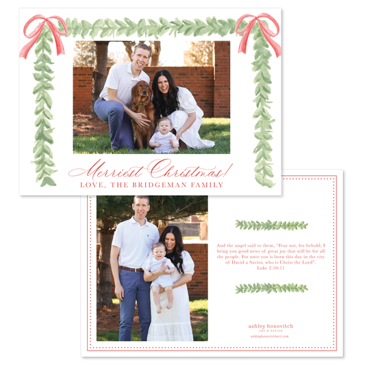 Greenery Bows Christmas Card in Red - Landscape
