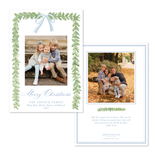 Greenery Bows Christmas Card in Blue - Portrait