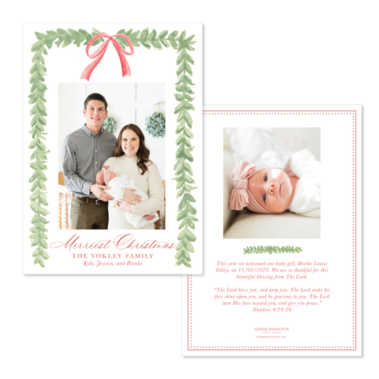 Greenery Bows Christmas Card in Red - Portrait