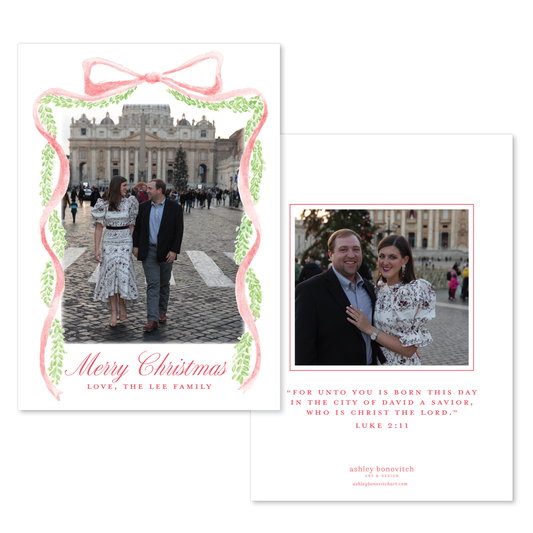 Red Bow Garland Christmas Card