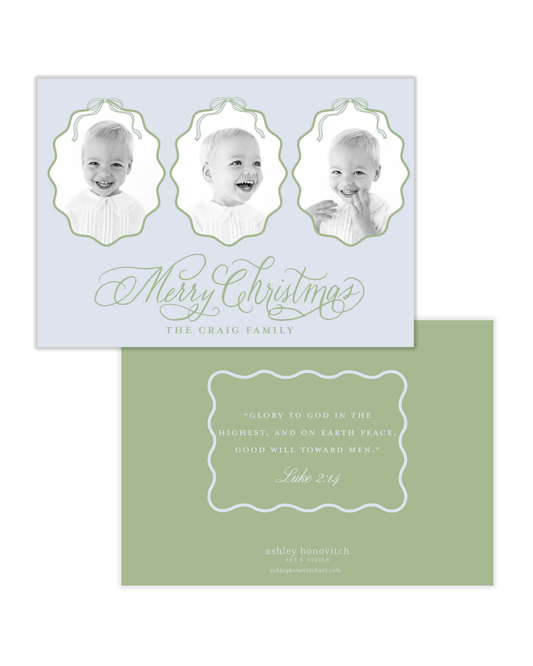 Simple Wavy Calligraphy Christmas Card in Light Blue With Green Writing Landscape