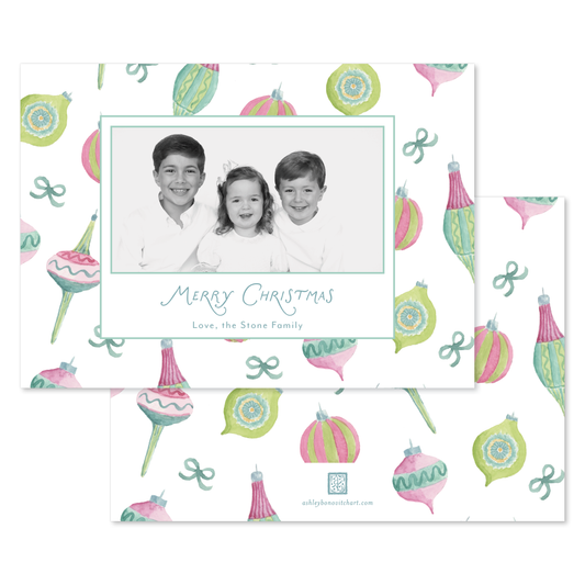 Ornaments & Cheer Pattern Christmas Card - Landscape