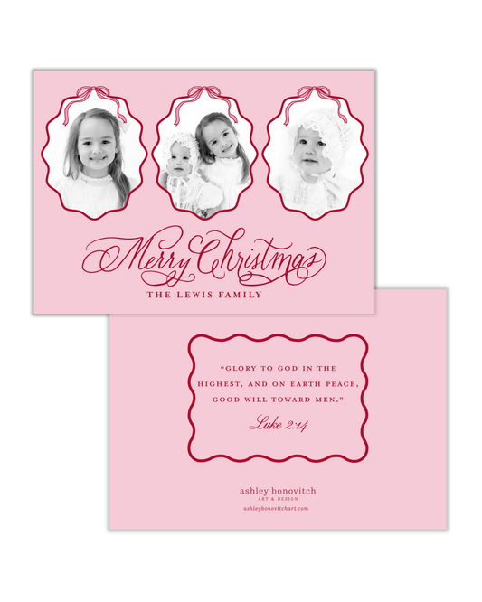 Simple Wavy Calligraphy Christmas Card in Pink With Red Writing Landscape