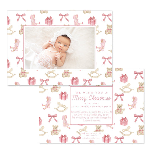 Christmas Toys Christmas Card in Pink/Red - Landscape