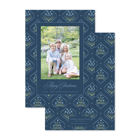 Floral Medallion Christmas Cards in Navy