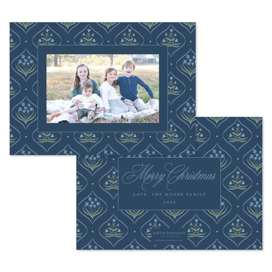 Floral Medallion Christmas Cards in Navy