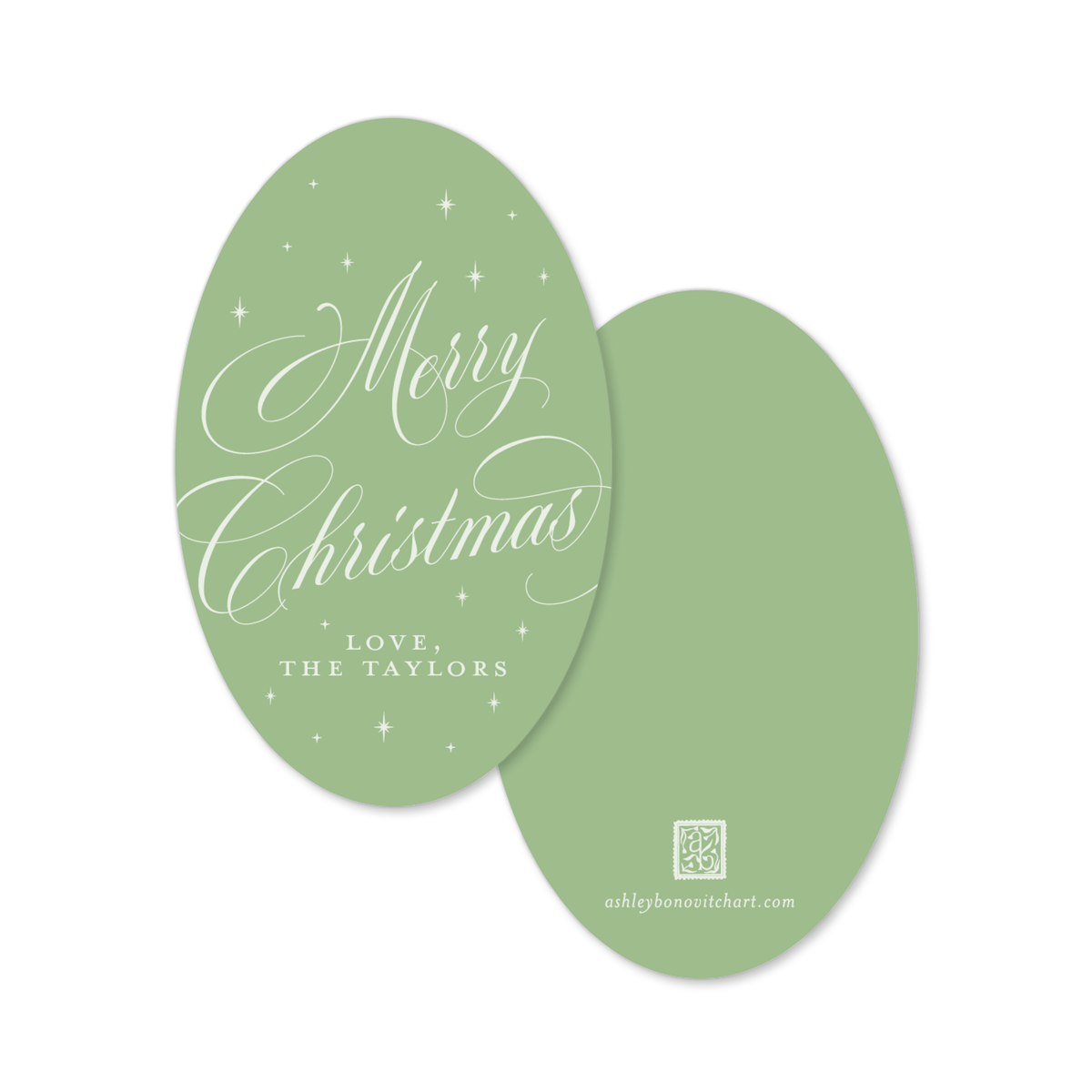 Oval Calligraphy Christmas Gift Tags in Two Tone Green