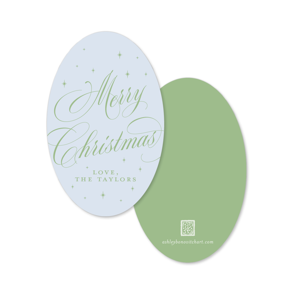 Oval Calligraphy Christmas Gift Tags in Blue/Green