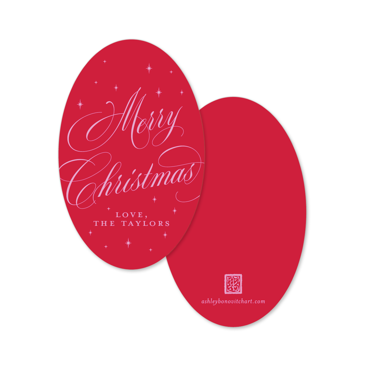 Oval Calligraphy Christmas Gift Tags in Red/Pink