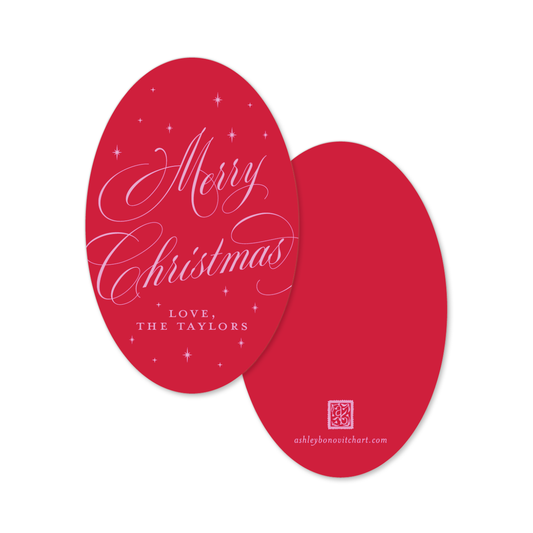Oval Calligraphy Christmas Gift Tags in Red/Pink