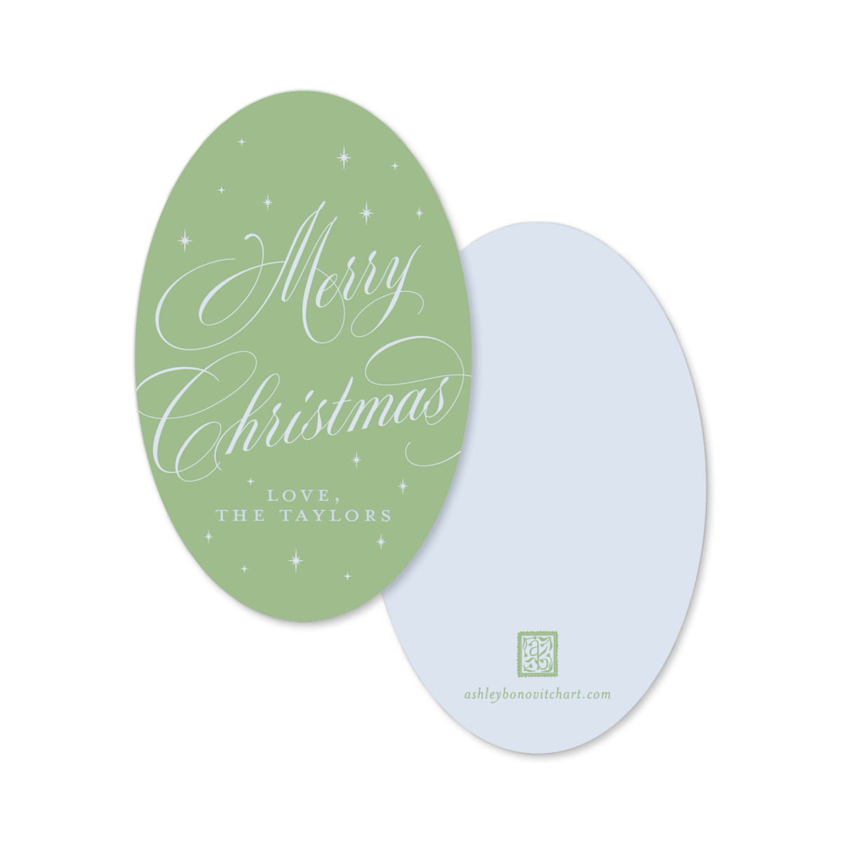 Oval Calligraphy Christmas Gift Tags in Green/Blue