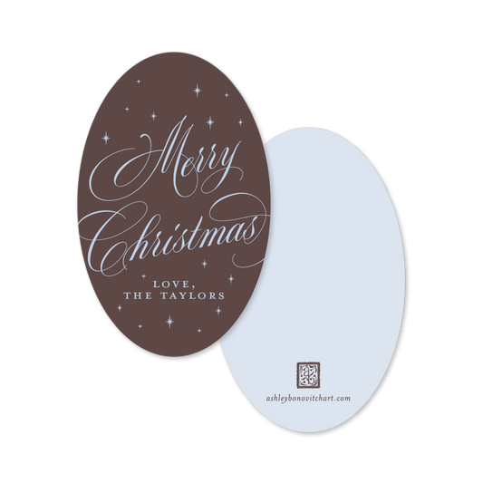 Oval Calligraphy Christmas Gift Tags in Chocolate/Blue