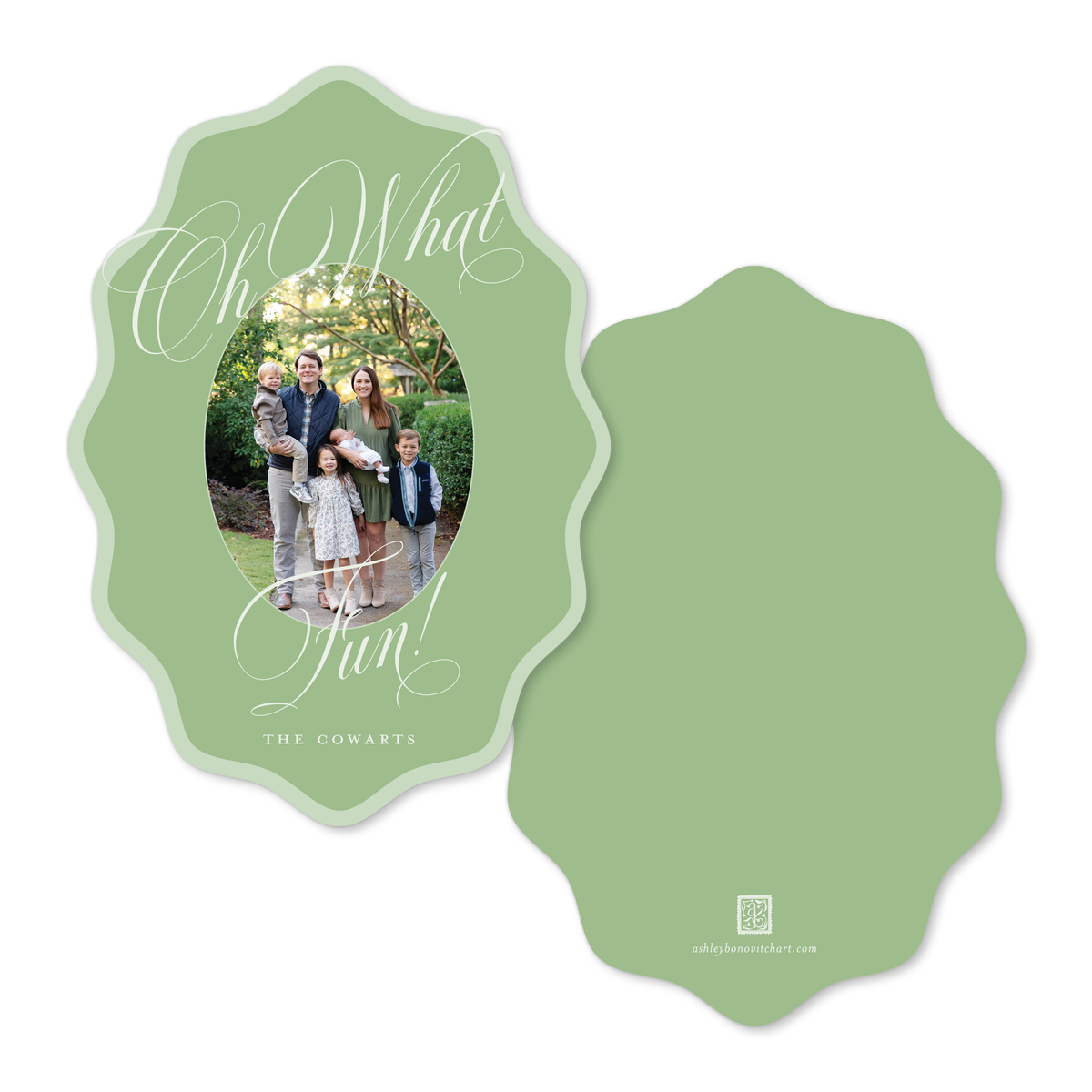 Wavy Oval Calligraphy Christmas Card in Two Tone Green