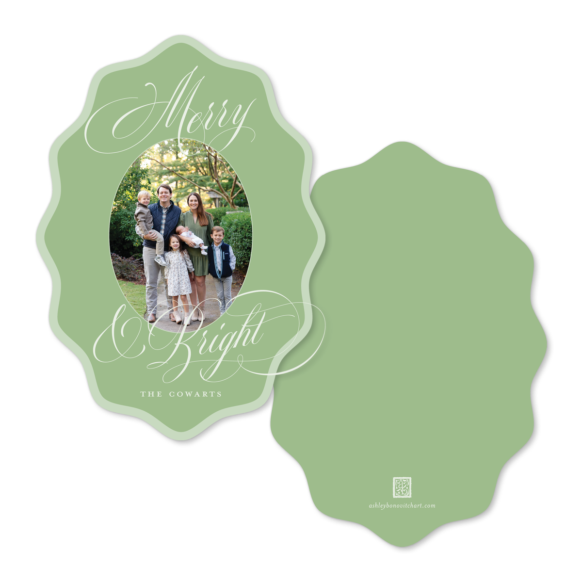 Wavy Oval Calligraphy Christmas Card in Two Tone Green