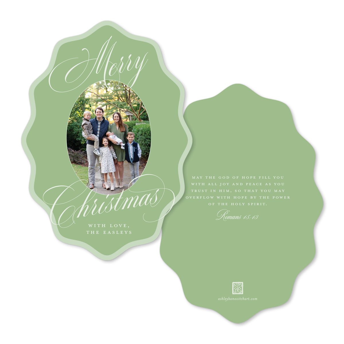 Wavy Oval Calligraphy Christmas Card in Two Tone Green