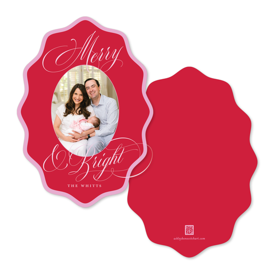 Wavy Oval Calligraphy Christmas Card in Red/Pink