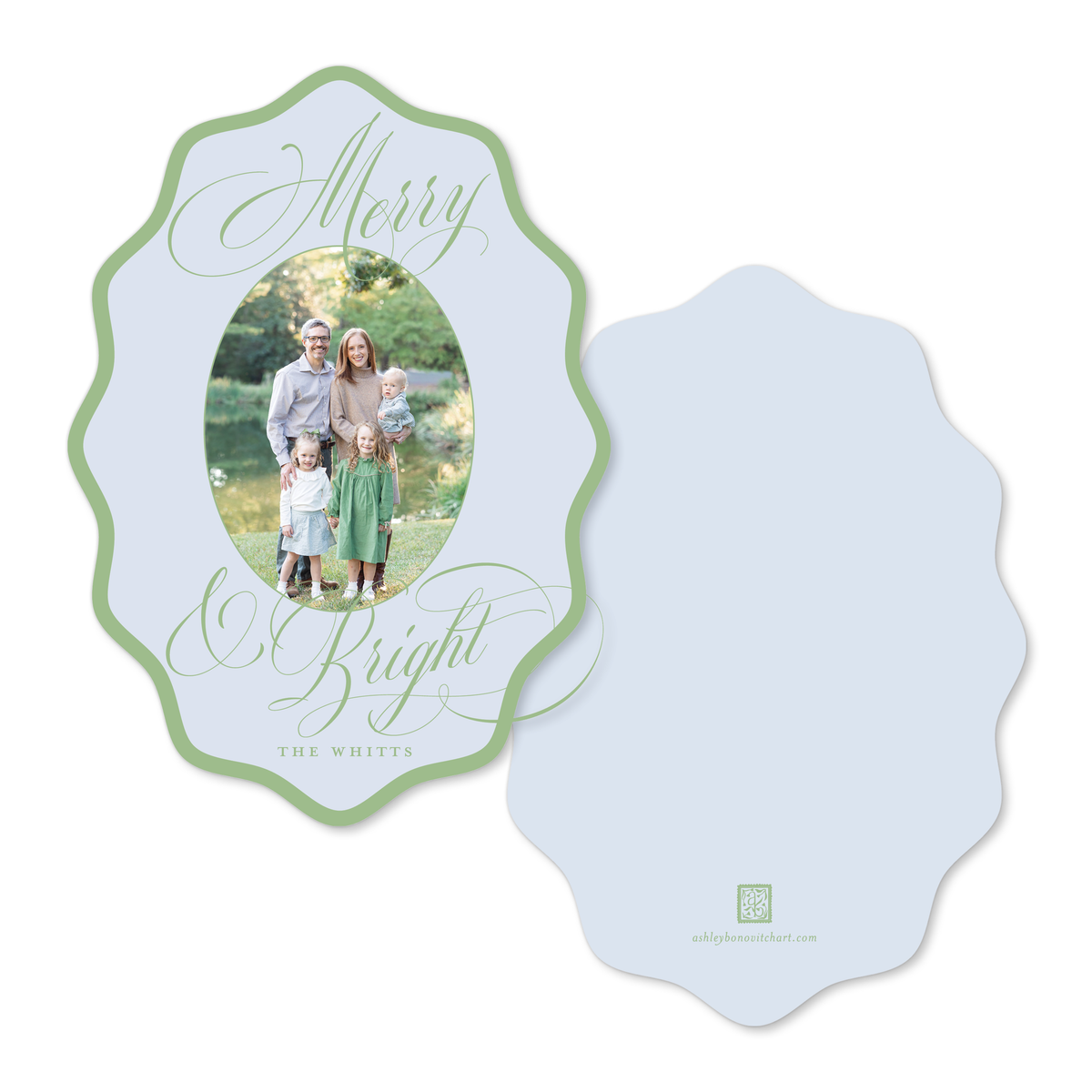 Wavy Oval Calligraphy Christmas Card in Blue/Green