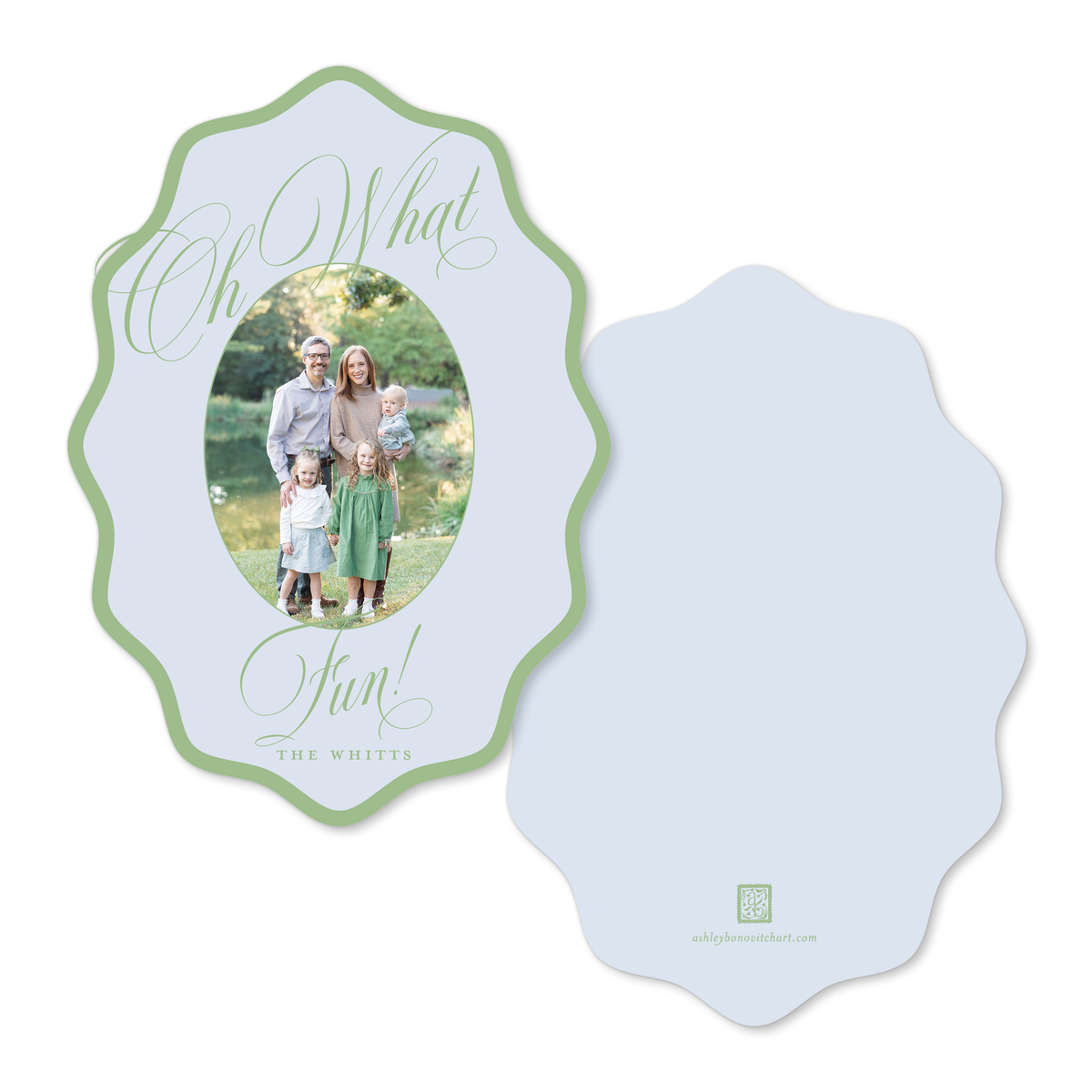 Wavy Oval Calligraphy Christmas Card in Blue/Green