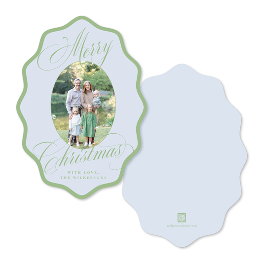 Wavy Oval Calligraphy Christmas Card in Blue/Green