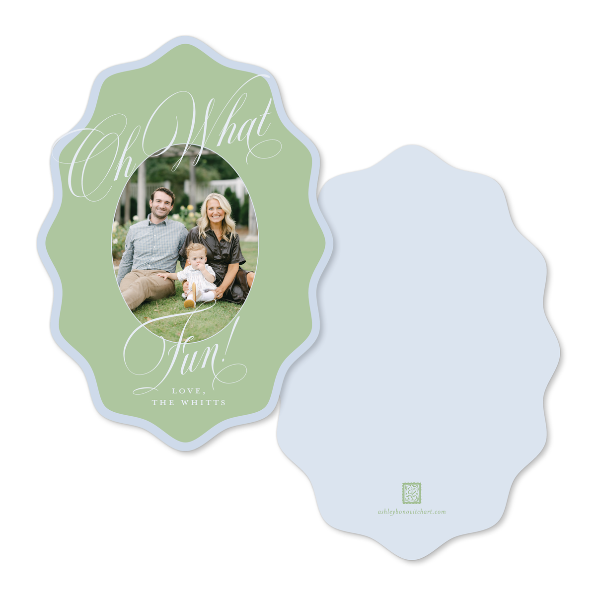 Wavy Oval Calligraphy Christmas Card in Green/Blue