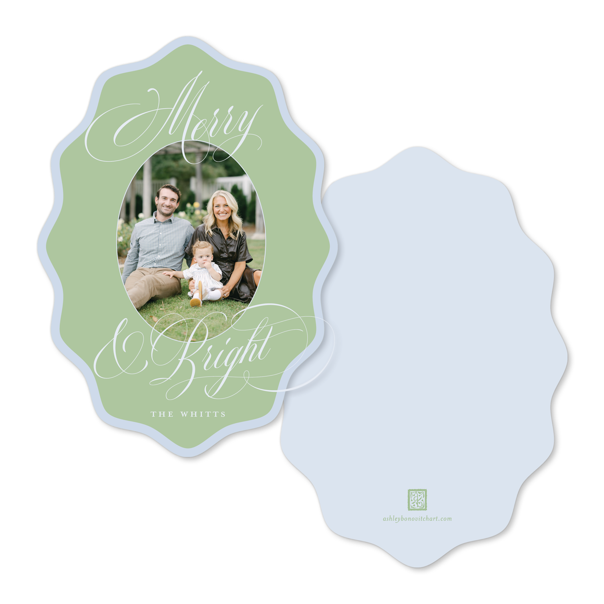 Wavy Oval Calligraphy Christmas Card in Green/Blue
