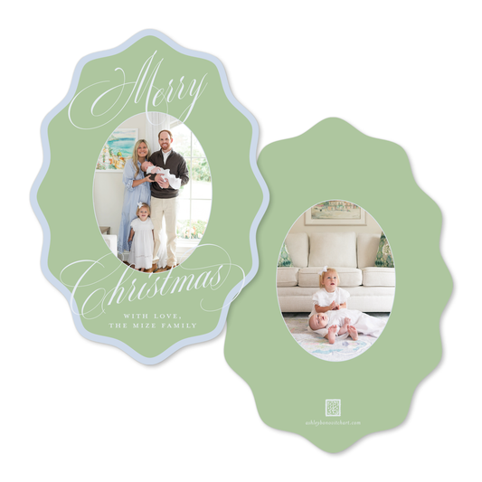 Wavy Oval Calligraphy Christmas Card in Green/Blue