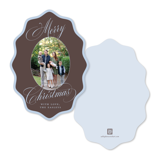 Wavy Oval Calligraphy Christmas Card in Chocolate/Blue