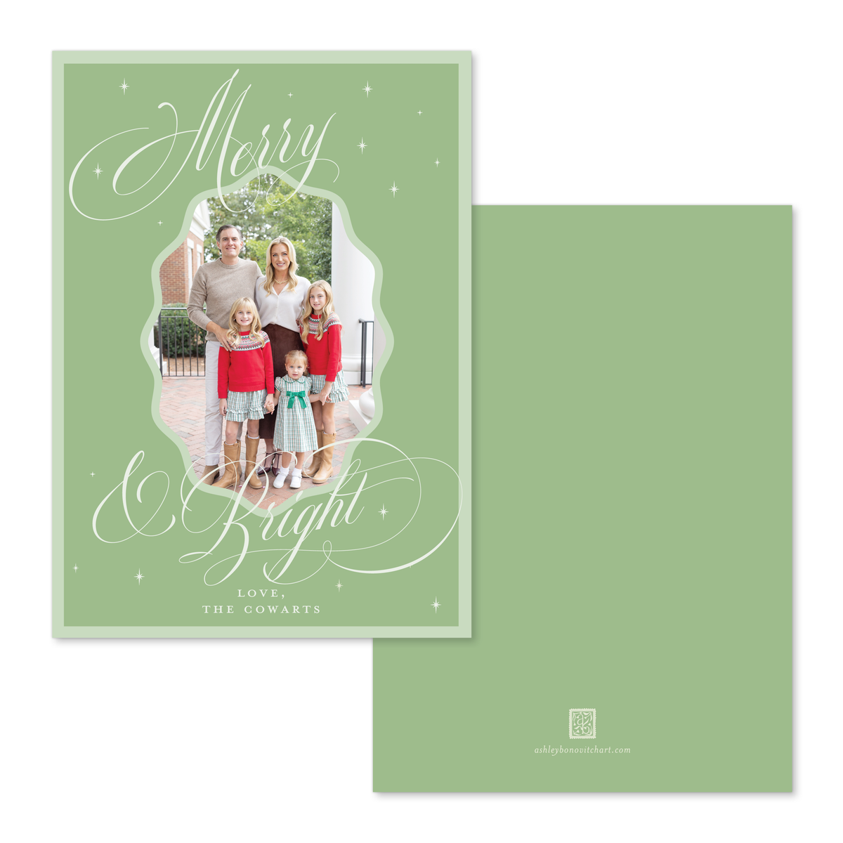 Wavy Oval Calligraphy Christmas Card in Two Tone Green - Straight Edge