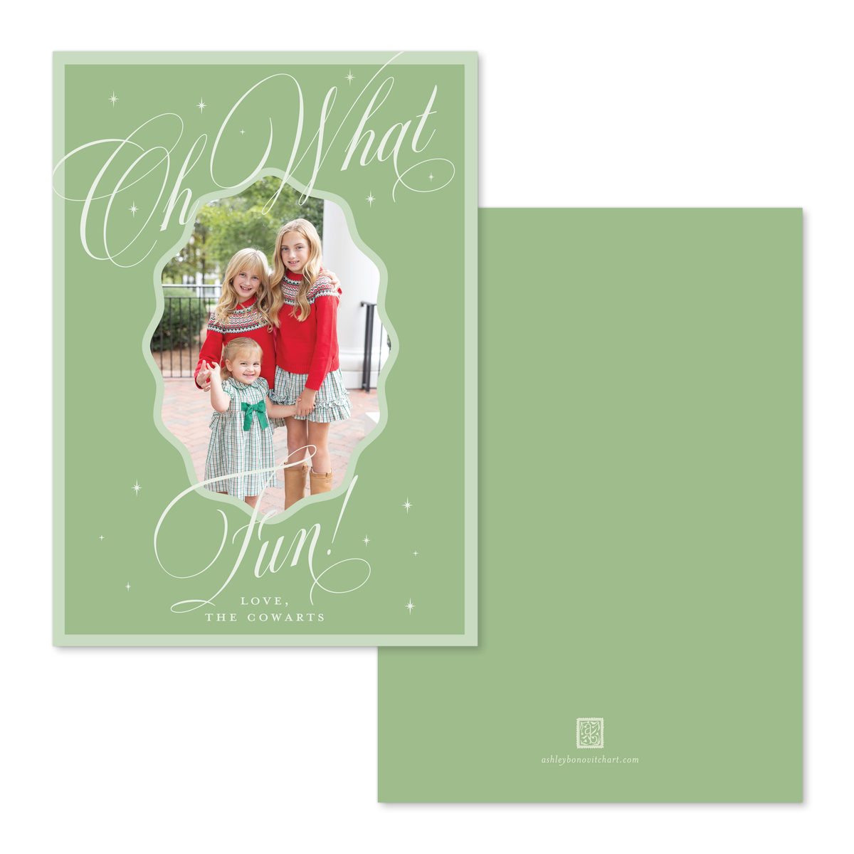 Wavy Oval Calligraphy Christmas Card in Two Tone Green - Straight Edge