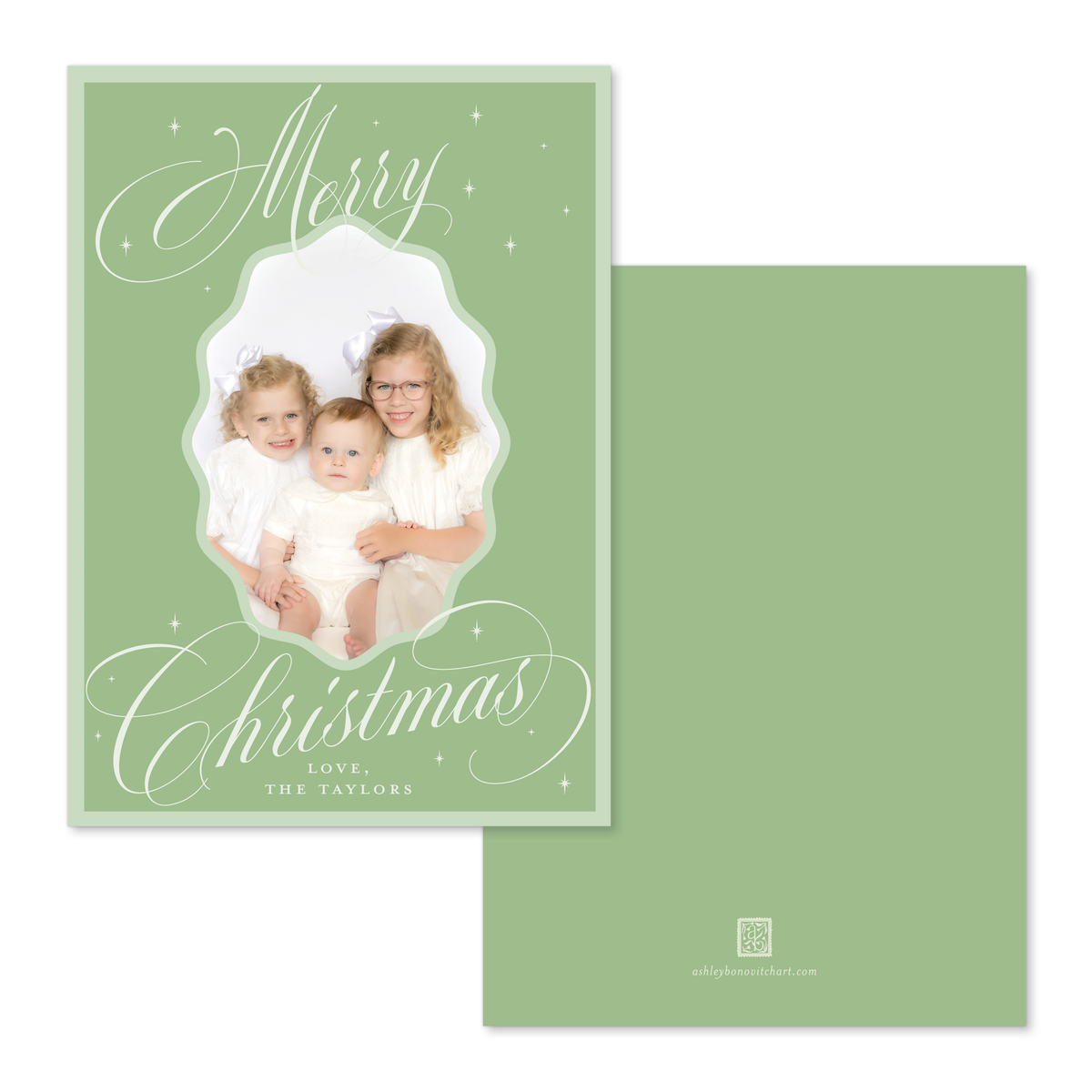 Wavy Oval Calligraphy Christmas Card in Two Tone Green - Straight Edge