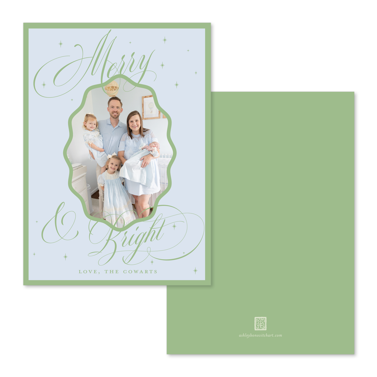 Wavy Oval Calligraphy Christmas Card in Blue/Green - Straight Edge
