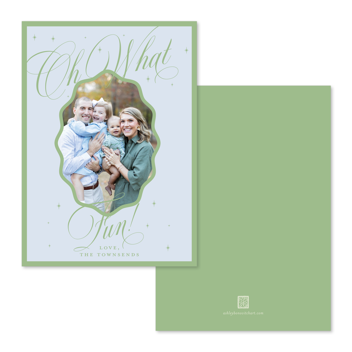 Wavy Oval Calligraphy Christmas Card in Blue/Green - Straight Edge