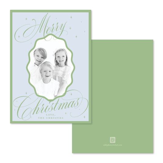 Wavy Oval Calligraphy Christmas Card in Blue/Green - Straight Edge