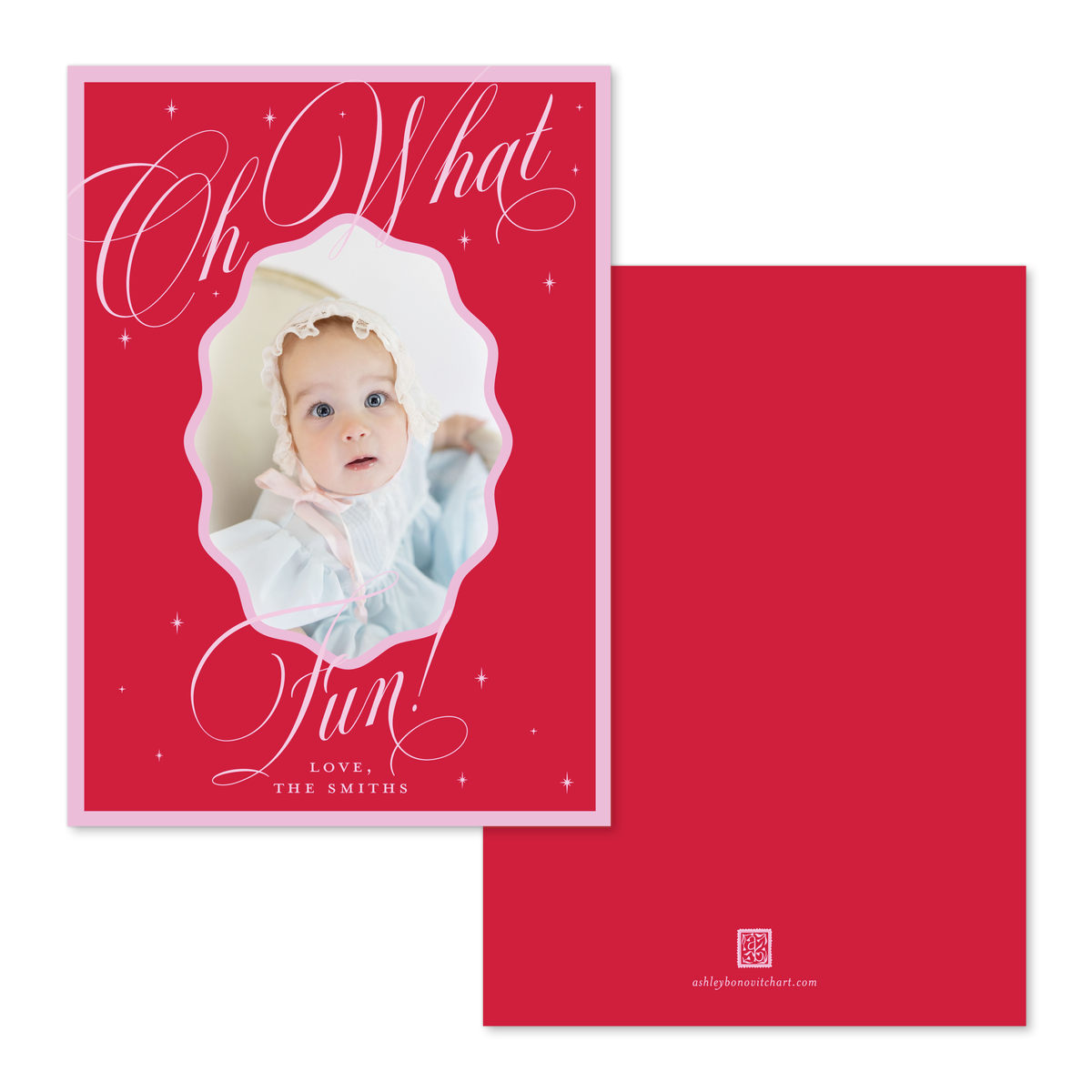 Wavy Oval Calligraphy Christmas Card in Red/Pink - Straight Edge