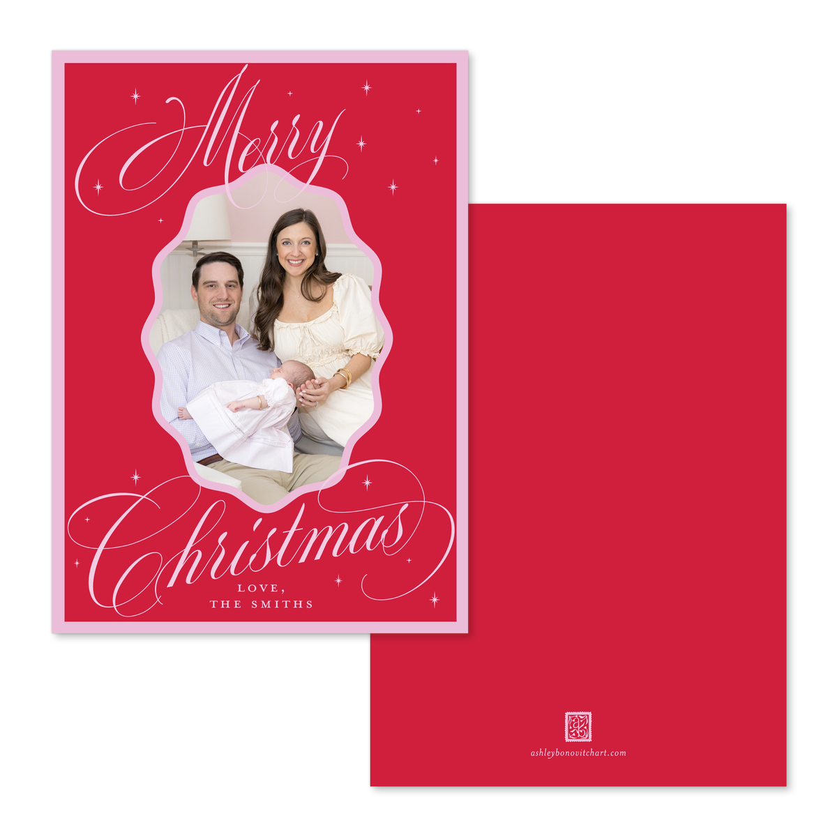 Wavy Oval Calligraphy Christmas Card in Red/Pink - Straight Edge