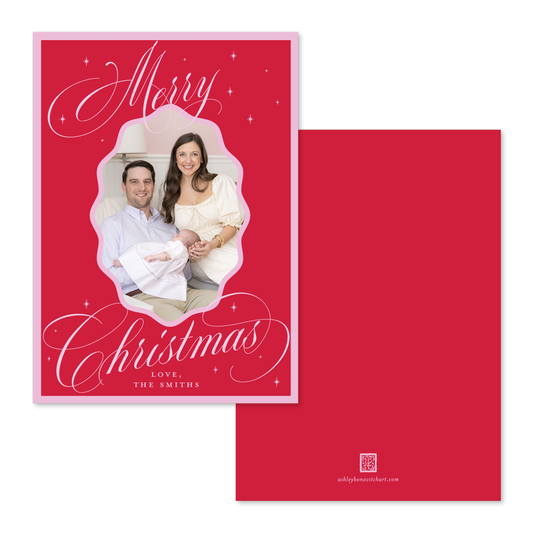 Wavy Oval Calligraphy Christmas Card in Red/Pink - Straight Edge