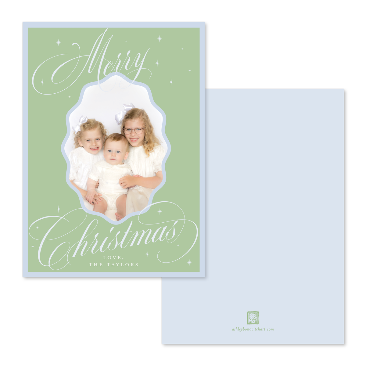 Wavy Oval Calligraphy Christmas Card in Green/Blue - Straight Edge