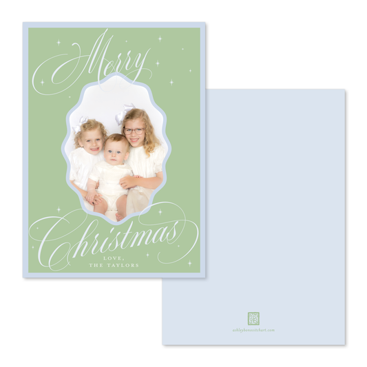 Wavy Oval Calligraphy Christmas Card in Green/Blue - Straight Edge