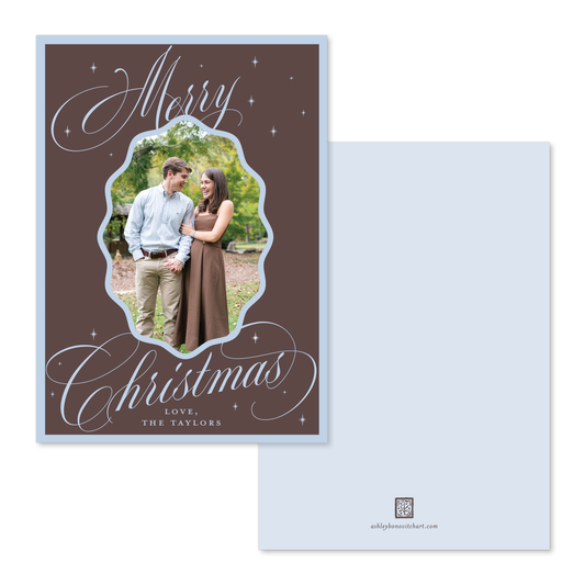 Wavy Oval Calligraphy Christmas Card in Chocolate/Blue - Straight Edge