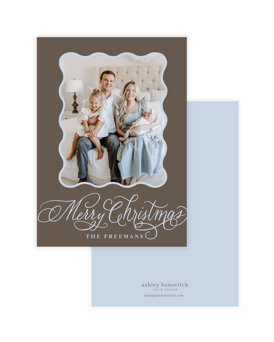 Simple Wavy Calligraphy Christmas Card in Brown With Light Blue Writing