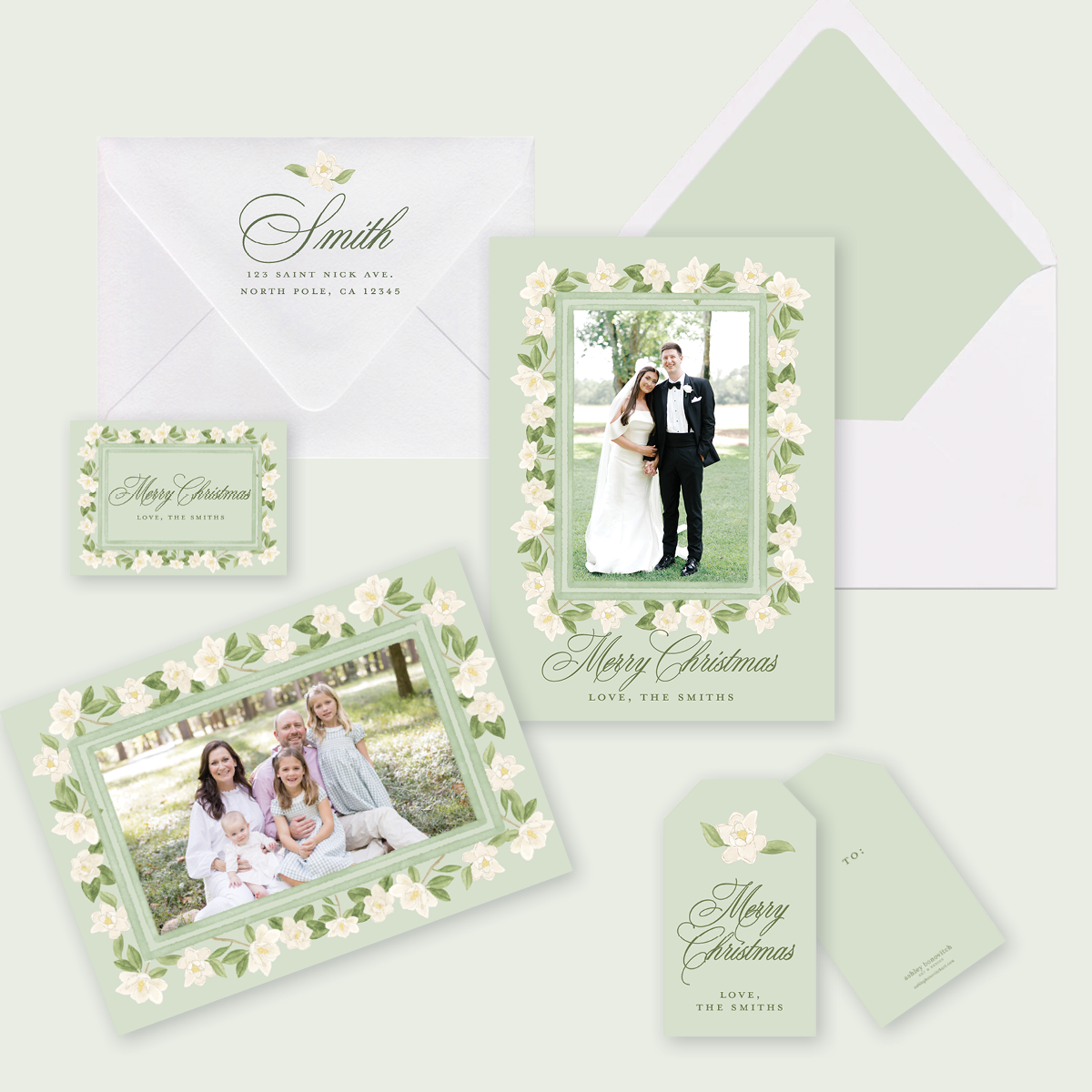 Magnolia Border Christmas Card in Sage