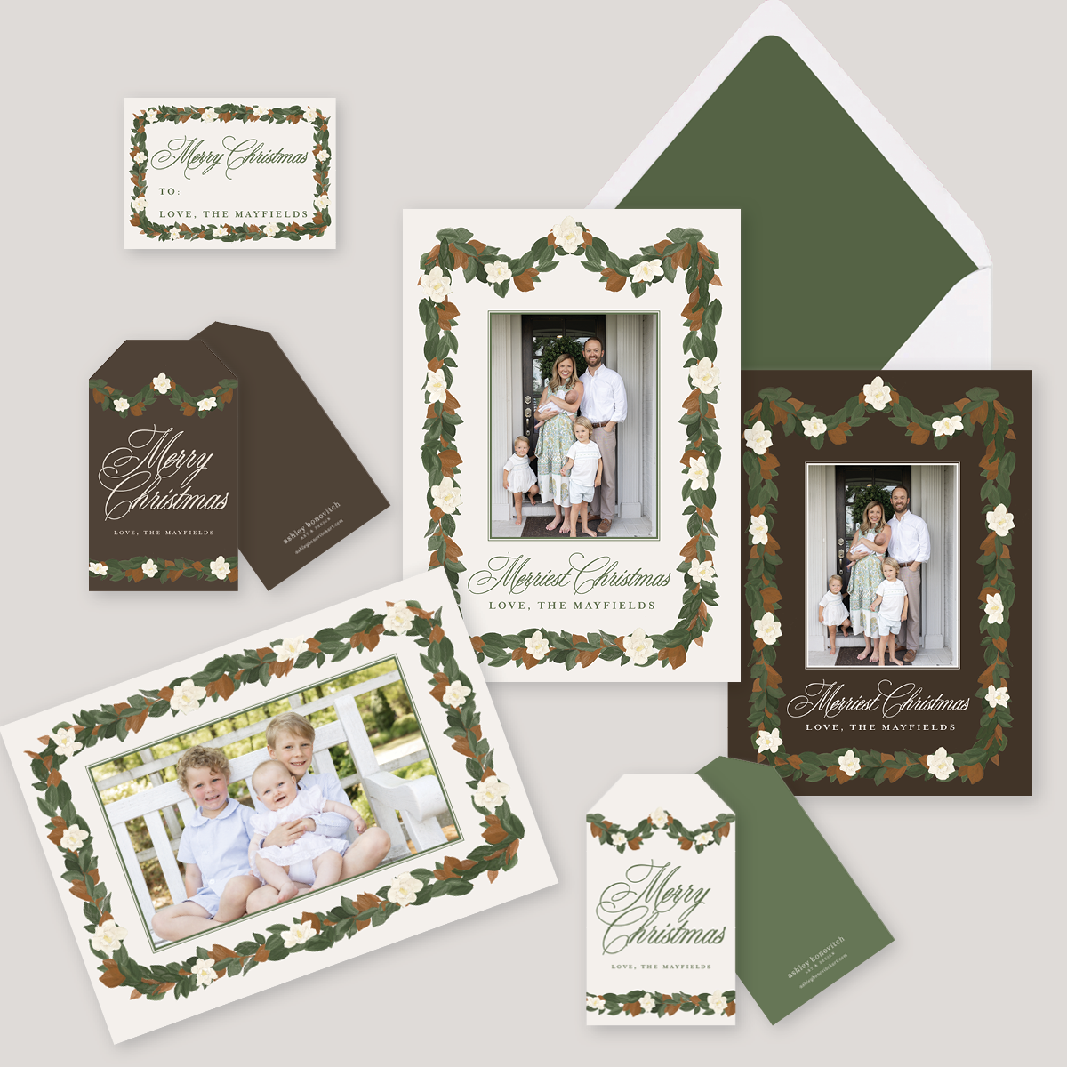 Magnolia Garland Christmas Card in Chocolate