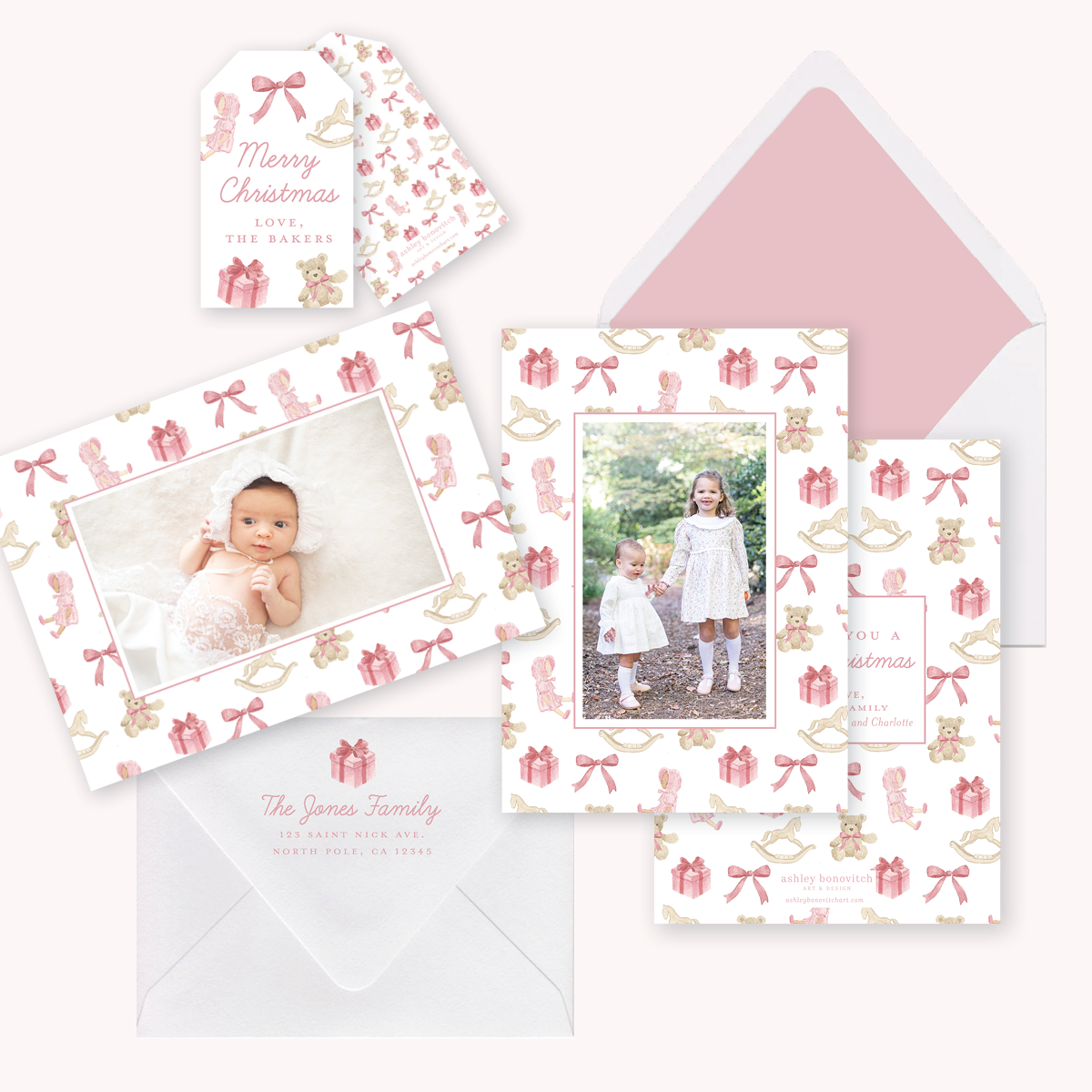 Christmas Toys Christmas Card in Pink/Red - Landscape