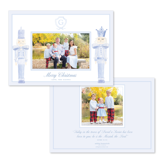 Blue Nutcracker Crest Christmas Card - Landscape