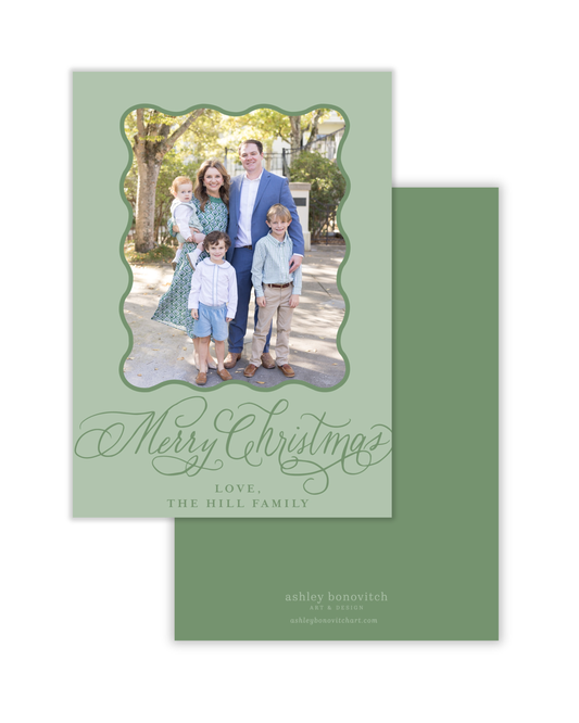 Simple Wavy Calligraphy Christmas Card in Light Green With Green Writing
