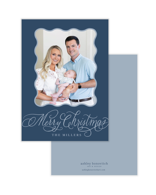 Simple Wavy Calligraphy Christmas Card in Dark Blue With Light Blue Writing